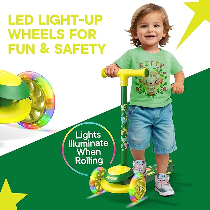 3 Wheel Scooter for Kids, Smooth Light Up LED Front Wheels, Wide Anti Slip Deck, Rear Foot Brake, Easy Lean to Steer Maneuvering, Indoor & Outdoor Ride On Toys for Ages 2 Up