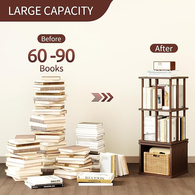 IOTXY 3-Tier Rotating Bookshelf Tower - Beech Wood Frame Spinning Bookcase with Storage Base, Compact Freestanding Revolving Shelf Organizer, Walnut