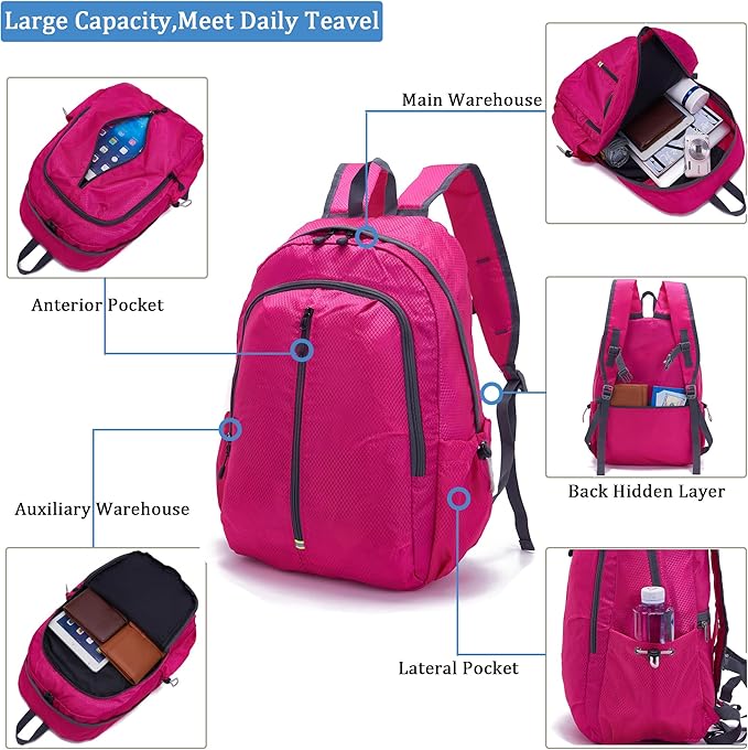 YZAOLL 25L Lightweight Packable Hiking Backpack Waterproof Hiking Daypack for Women Men Gym Backpack Travel Camping Vacation,Rose