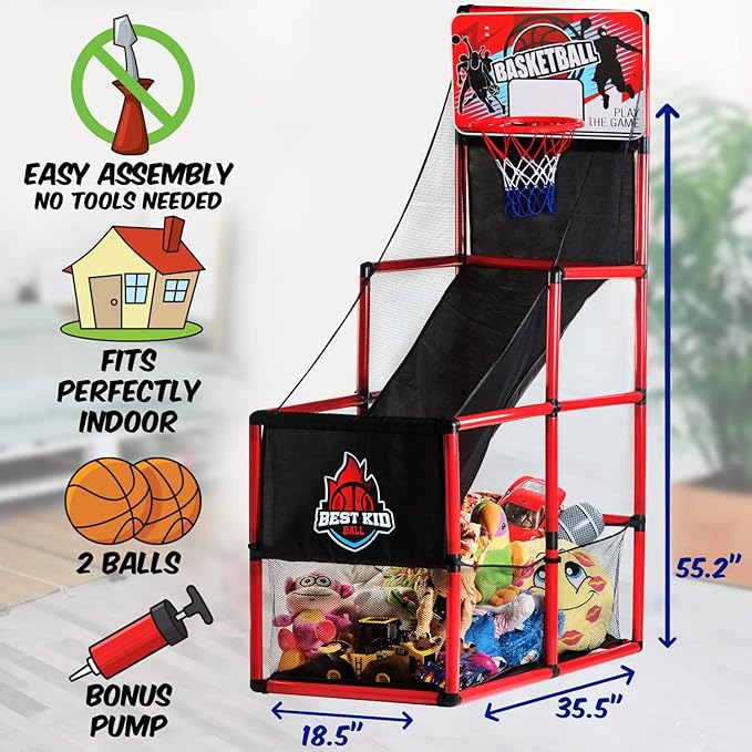 BESTKID BALL Kids Basketball Hoop Single Shot System Arcade Game Set: Indoor & Outdoor Sports Toys for Boys & Girls, Includes Ball, Ideal Party Gifts for Little Athletes Ages 3-9.