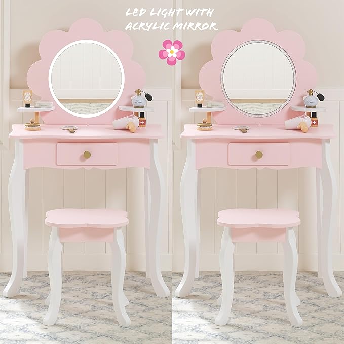 Spirich Kids Vanity, Girls Vanity Set with Mirror and Stool and Lights, Kids Vanity Table and Chair Set, Wooden Princess Makeup Desk Dressing Table (Flower Shape with LED Strip)