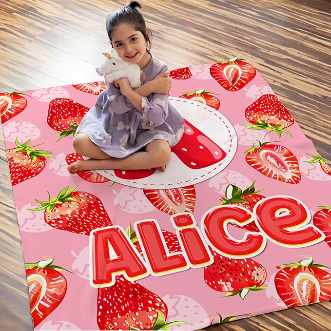 Personalized Blanket for Girls Kids Toddlers, Custom Strawberry Throw Blanket Gifts with Initial Letter, 4 Sizes Optional Soft Bedding Blankets for Couch Sofa Bed