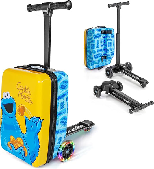 KIDDIETOTES Sesame Street 4-in-1 Detachable Scooter Luggage for Kids – Cookie Monster – Ride-On Suitcase with Removable Luggage Body, Adjustable Handlebar, Durable Deck & Brake – Carry-On Travel Bag