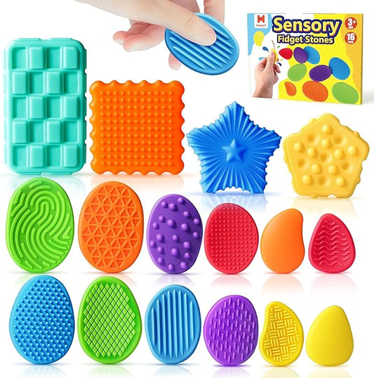 Sensory Fidget Toys for Kids Adults: 16 Pack Textured Silicone Worry Stones for Anxiety Relief, Sensory Stress Toy for Autism Kids Calming, Quiet Small Fidgets for Classroom Stocking Stuffers