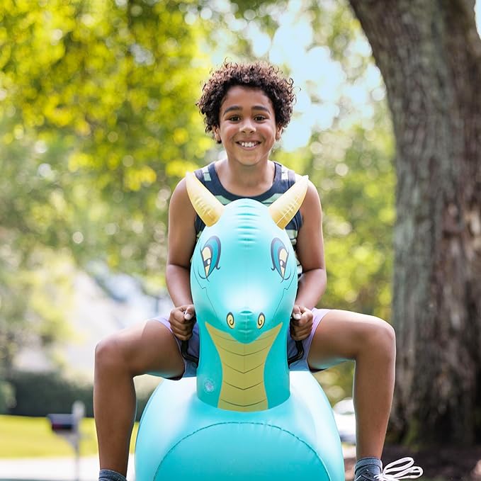 Hearthsong Hop N Go Inflatable Blue Dragon Bouncy Riding, Hopping Toys for Kids Ages 5+ - Ride On Bouncer Animal Hopper Jumping Toys for Outdoor Games