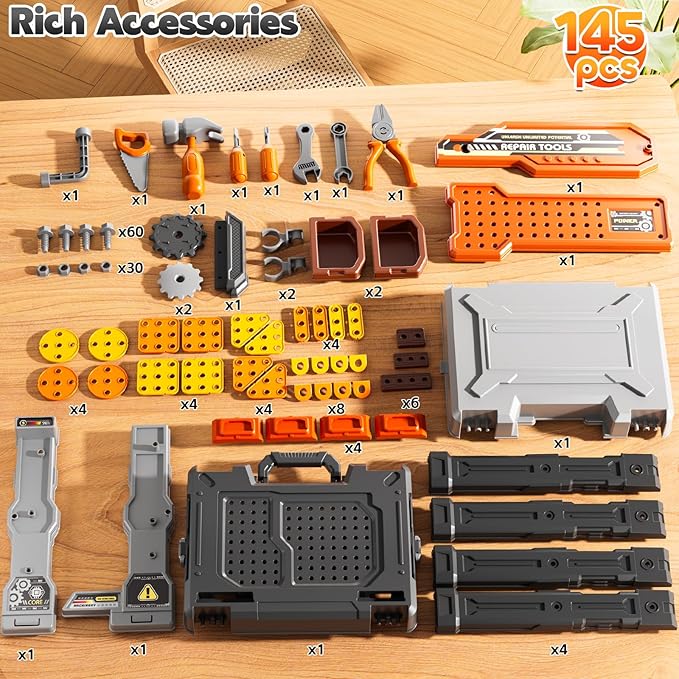 2 in 1 Workbench Tools Toys Set with Sound for Toddlers Aged 3-5, 145 PCS Educational Construction Mechanic Toolbox for Boys Girls, Pretend Play Toys Birthday Gift for Kids 3 4 5 6 Years Old