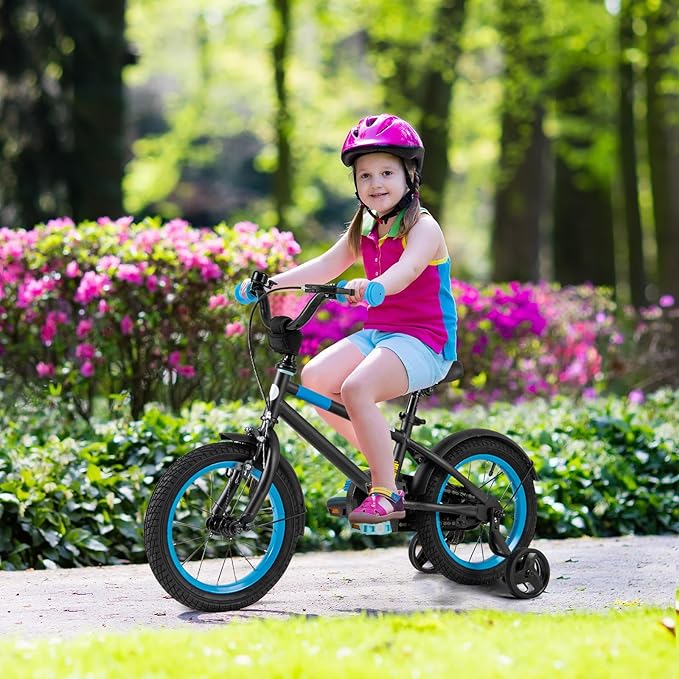 BABY JOY Colorful Macarons Kids Bike, 12 14 16 18 Inch Sporty Children's Bicycle with Training Wheels, Adjustable Handlebar & Saddle, Handbrake & Coaster Brake, Boys Girls Bike for 3-8 Years Old