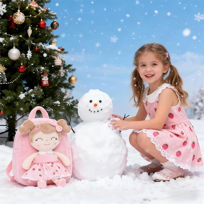 Gloveleya Kids Backpack for Girls backpacks Plush bag with Soft doll for Toddler baby Strawberry 9 Inches