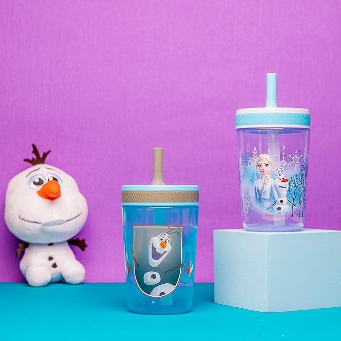 Zak Designs Disney Frozen II Movie Kelso Tumbler Set, Leak-Proof Screw-On Lid with Straw, Made of Durable Plastic and Silicone, Perfect Bundle for Kids (Frozen 2 Olaf, 15 oz, 2pc Set)
