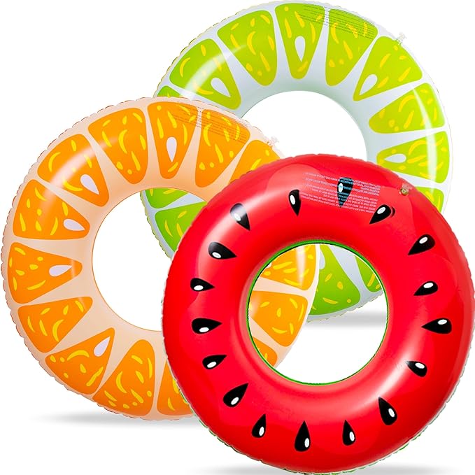 90shine 3PCS Fruit Pool Floats: Watermelon Orange Lime Swimming Rings - Inflatable Tubes Floaties Toys for Kids Adults