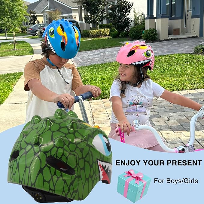 Toddler Helmet Kids Bike Helmet for 2 3 4 5 6 7 8 Years Old Girls with 3D Dinosaur Design Protective Gear Set and Safety Certified, Toddler Bike Cycling Skating Skateboard Scooter Helmet