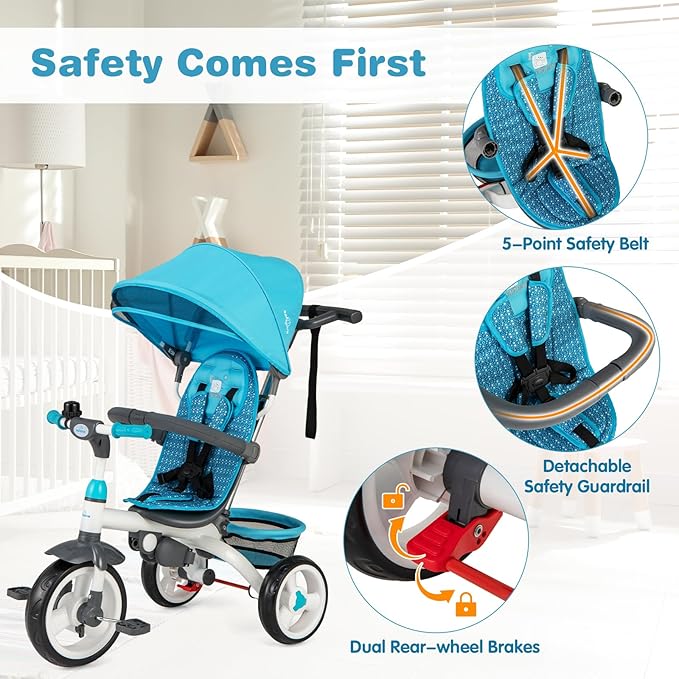 Costzon Tricycle for Toddlers, 6 in 1 Trike w/Parent Handle, Adjustable Canopy, Storage, Safety Harness & Wheel Brakes, Baby Push Tricycle Stroller for Kids Boys Girls Aged 9 Month-5 Years Old, Blue
