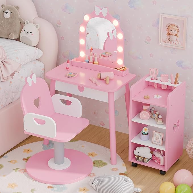 Kids Vanity Set with Light and Barber Chair, Pink Makeup Dressing Vanity Table with Storage Shelf and Hair Salon Play Set 7 pcs Accessories, Pretend Play Vanity Set for Toddler Girls