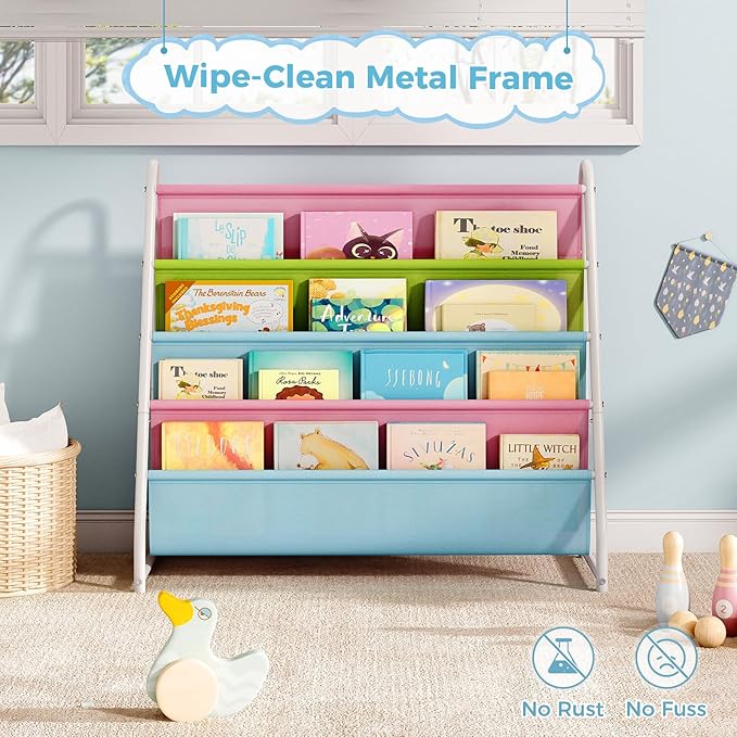 Tatub 4 Tier Kids Bookshelf for Kids Rooms, Metal Children Book Rack Montessori Bookshelf, Toddler Sling Bookrack Display for Nursery, Multicolor