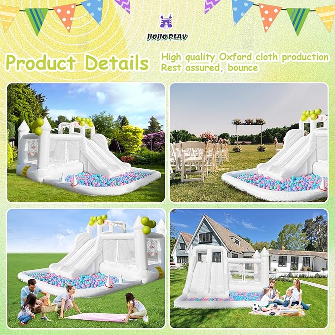 12.5 FT Oxford White Bounce House Bouncing Castle with Two Slides Inflatable Bounce House for Kids with Large Ball Pits Suitable Birthday Party Holiday Decorations and Photography