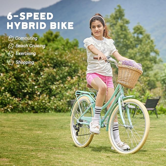 Glerc 20 24 26 Inch Beach Cruiser Bike, 6-Speed Hybrid City Bicycle for Girls Youth and Over 6 Years Old, Missy Bike with Wicker Basket & Lightweight, Multiple Colors