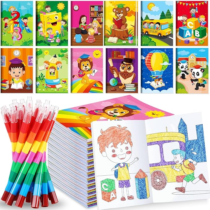 BenLouis 12 Preschool Kindergarten Mini Coloring Books Kids with 12 Stacking Crayons Graduation Party Favors Small Activity Books Bulk for Kids Birthday Return Party Gift Goodie Bag Stuffers
