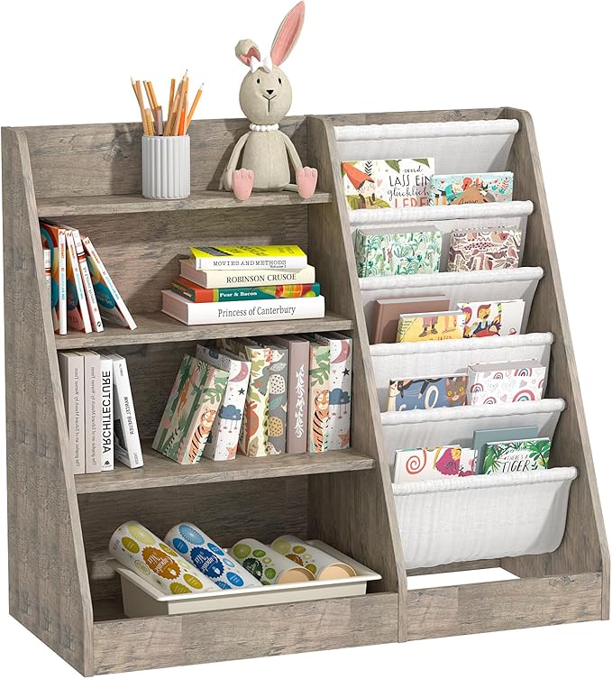 4 Tier Kids Bookshelf Wooden, Five Layer Sling Children Bookcase, Baby Toddler Storage Book Rack, Book and Toy Organizer Cabinet Chest, Book Display Shelf Stand, Playroom Nursery Classroom Library