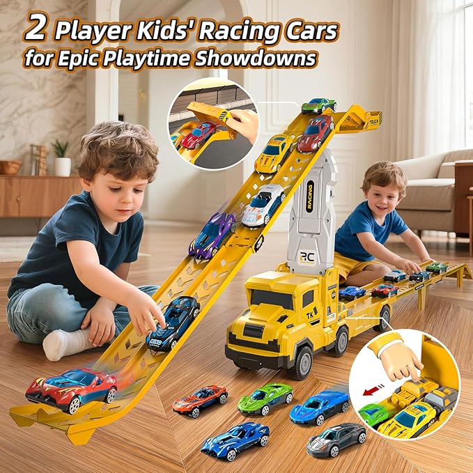 Transport Truck Toys for 3 4 5 6 7 Years Old Boys,Toy Cars Track Set Transporter Trucks with 12 Die-Cast Car Toys 2 Race catapults Dual-Track Model,Toddler Set for Kids Boys Girls,Yellow