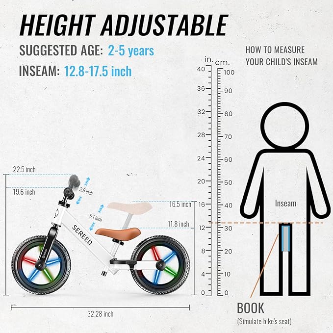 SEREED Toddler Balance Bike 2 Year Old, No Pedal Kids Bicycle Toys for 2-5 Years Old, Tool-Free Adjustment, Customize Plate with Stickers, Gift for 2-3 Boys Girls (White Lighting)