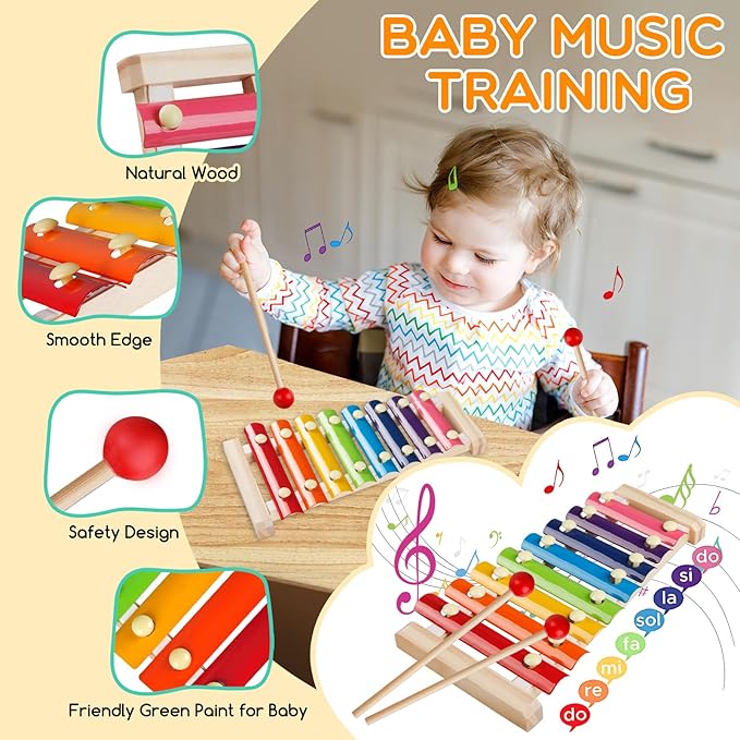 Montessori Baby Toy Sorting Stacking Learning Toys Wooden Building Blocks, Xylophone Musical, Infant Teethers Toys for Baby, 6 in 1 Toy Birthday Gifts for Toddlers