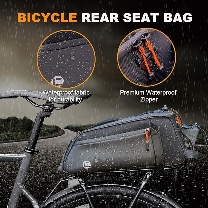 NDakter Bike Bags for Bicycle Rear Rack - 10L Waterproof 3 IN 1 Ebikes Trunk Bag with Water Bottle Holder, Reflective Electric Bike Saddle Panniers with Shoulder Strap for Commuter Travel Outdoor
