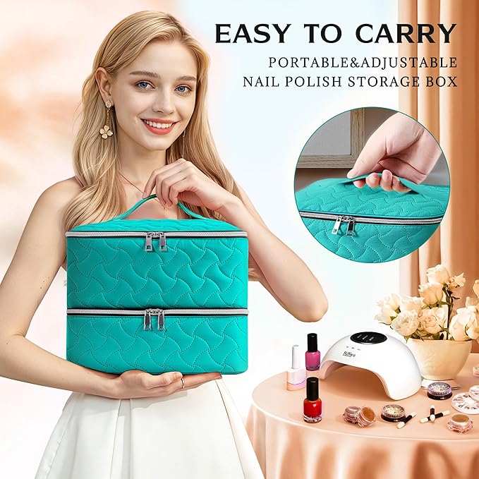 DreamGenius Nail Polish Organizer Case Holds 42 Bottles, Portable Double-Layer Nail Polish Storage Bag with Adjustable Dividers for Manicure Tools, Blue