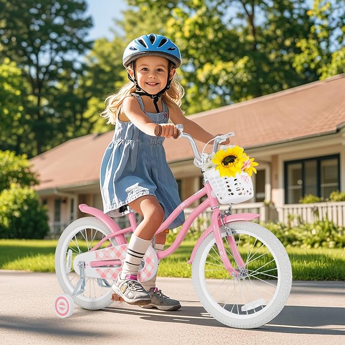 BABY JOY Kids Bike, 12 14 16 18 20 Inch Boys Girls Bike w/Adjustable Seat, Removable Basket, Handbrake & Coaster Brake, Training Wheels or Kickstand, Kids Bicycle with Multi-Color