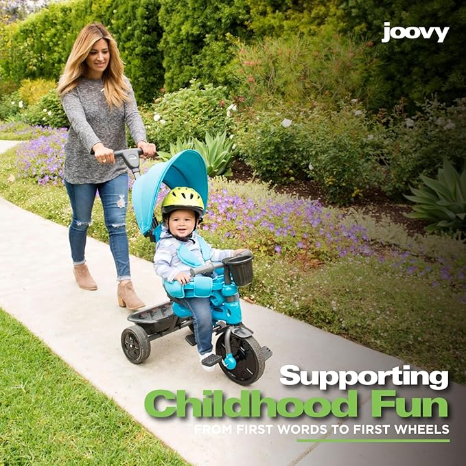 Joovy Tricycoo 4.1 Kids Tricycle with 4-Stages Featuring Extra-Wide Front Tire, Removable and Adjustable Parent Handle, Safety Harness, Machine-Washable Seat Pad, and Retractable Canopy (Blue)