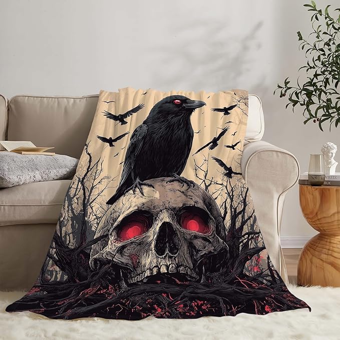 Skull Blanket Skeleton Throw Blanket Crow Gifts for Men Women Boys Girls Kids Adults Super Soft Cozy Plush Fluffy Fuzzy Fleece Blanket Decor 50''X60''