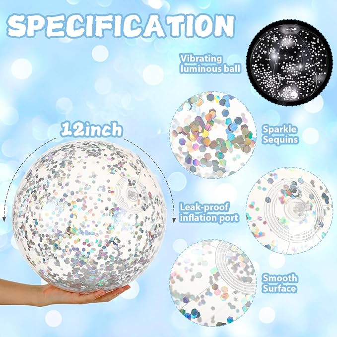 12 Pack 12 Inch Glow in the Dark LED Beach Ball Jumbo Confetti Glitters Inflatable Ball Swimming Pool for Party Pool Summer(Silver)
