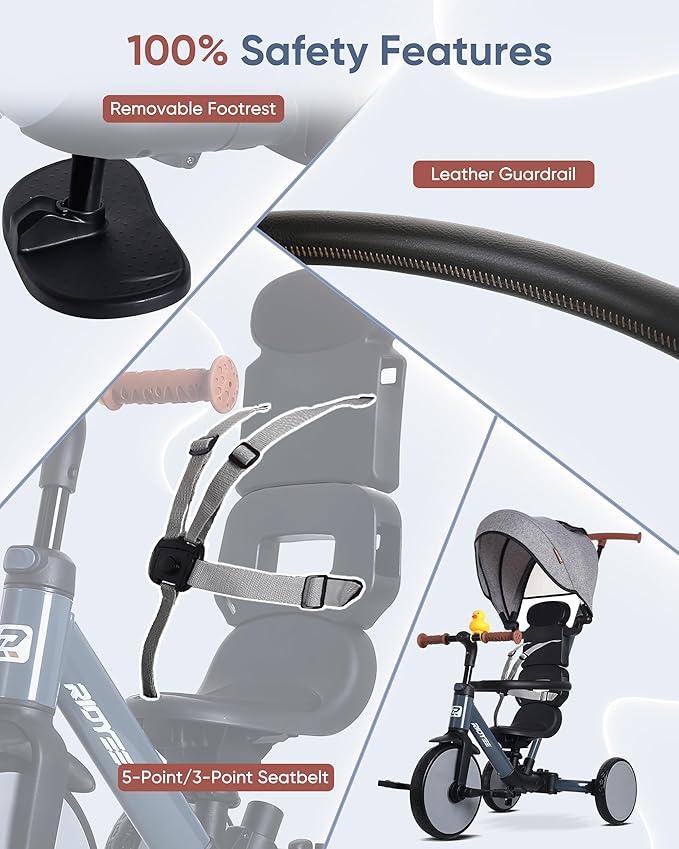 8-in-1 Tricycle for 1.5-5 Years, Tool-Free Switch, Toddler Tricycle with Parent Steering Control Handle for 1.5 to 5 Yrs, Toddler Trike 1.5-3 Years with 5-Point Harness and Large Canopy, Grey