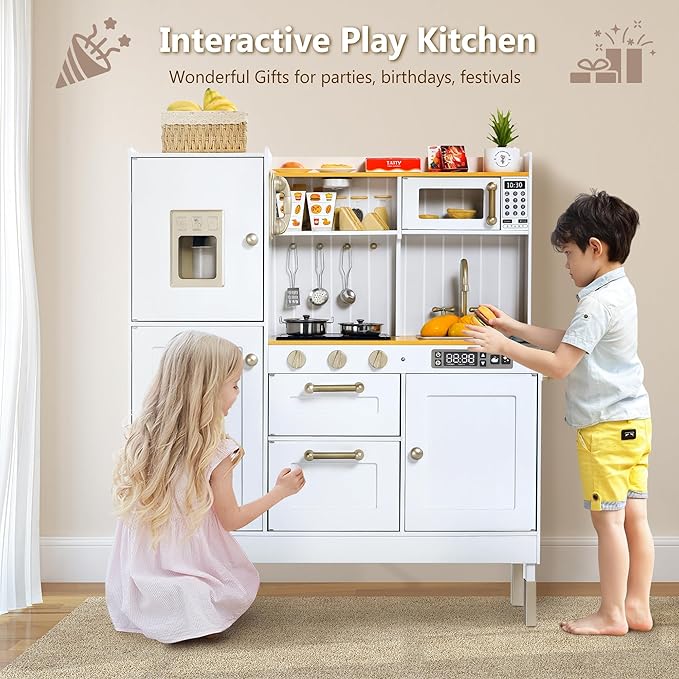 Kinder King Wooden Kids Play Kitchen, Kitchen Playset for Toddler Kid, Play Kitchen Toy Set w/Real Sounds, Pretend Microwave Oven, Ice Maker, Telephone, Gift for Boys Girls Age 3+, White