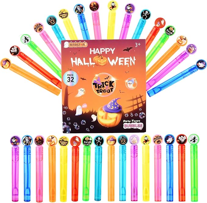 Mini Bubbles for Kids Party Favors,32 PCS Small Bubble Wands Toys Bulk for Classroom Prize,Birthday Goodie Bag Stuffers,Bubble Blower Toy Sticks with Bubble Solutions,Gift Box,Cartoon Halloween Design