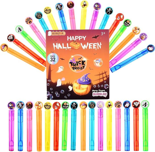 Mini Bubbles for Kids Party Favors,32 PCS Small Bubble Wands Toys Bulk for Classroom Prize,Birthday Goodie Bag Stuffers,Bubble Blower Toy Sticks with Bubble Solutions,Gift Box,Cartoon Halloween Design