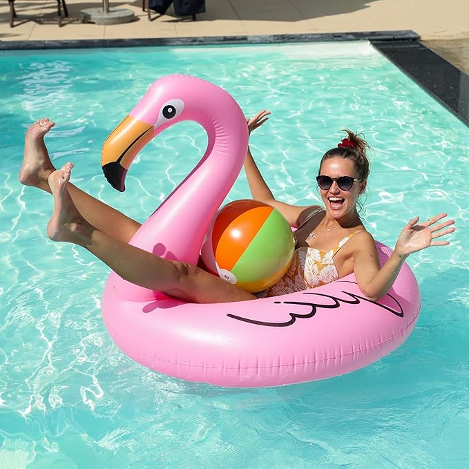 PARENTSWELL 43'' Inflatable Unicorn Flamingo Pool Floats, 2 Pack Pool Tube Floaties Swim Rings with 2 Beach Balls, Inflatable Pool Raft Tubes for Adults