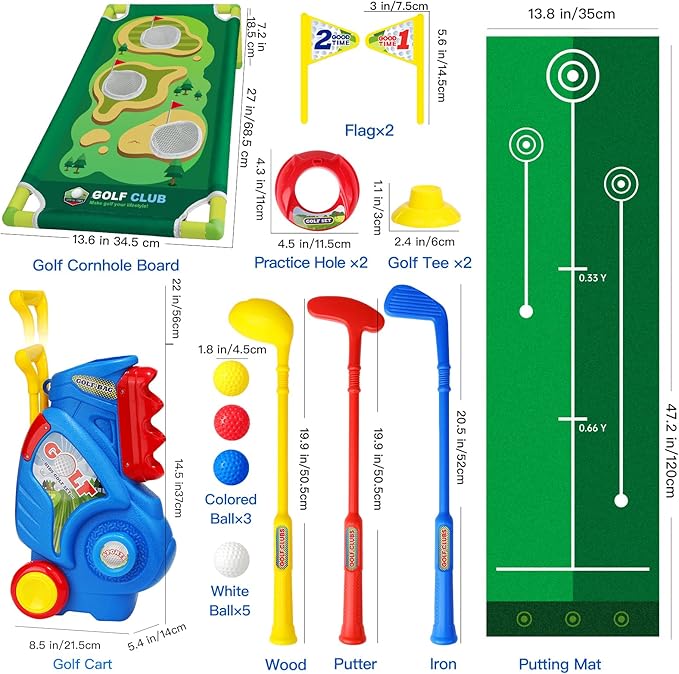 Toddler Golf Set for Boys Girls 2 3 4 5 Years Old, Upgraded Kids Golf Cart with Putting Mat & Cornhole Board, Outdoor Indoor Sports Christmas Toys, Blue