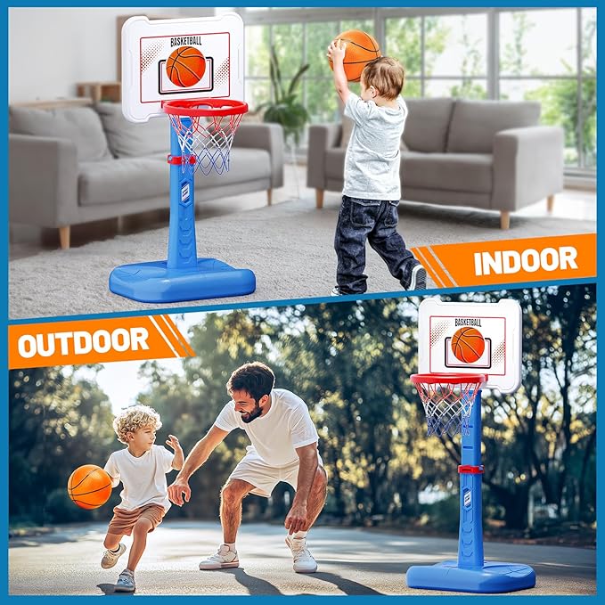 3 in 1 Kids Basketball Hoop and T Ball Set, Adjustable Height Toddler Basketball Hoop, Hanging Tee Baseball, Indoor Outdoor Sports Toys Gifts for Toddlers Boys Girls Ages 3 4 5 Year（Blue