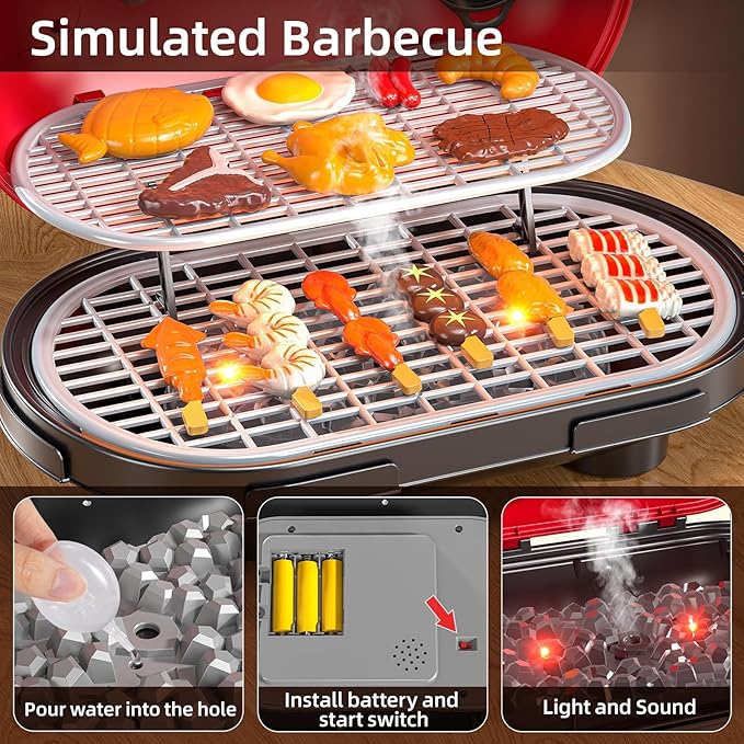Kids BBQ Grill Playset for Kids Ages 4-8, Play Kitchen Toys with Smoke & Light for Boys Ages 3 4 5 6 7, 2-Layer Barbecue Toys Play Food Set, Indoor Outdoor Cooking Toy for Boys Girls 3-5