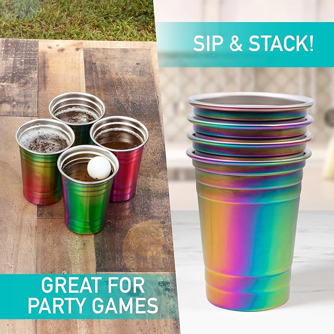 D'Eco Rainbow Stainless Steel Cups - 4 Pack Iridescent 16 oz Tumblers for Kids, Family, Adults - Unbreakable, BPA-Free & Stackable Drinkware for Indoor and Outdoor Use at Parties, Picnics, Camping