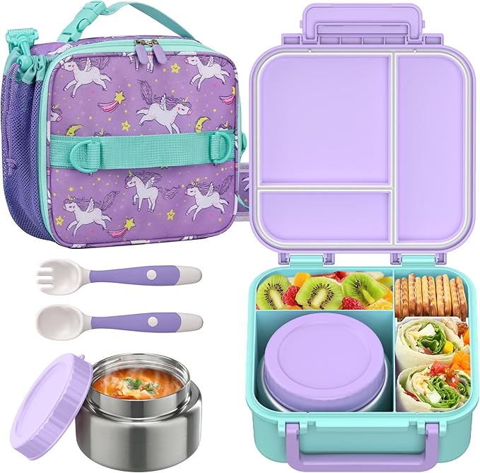 Bento Lunch Box Set for Kids with 9oz Soup Thermo, Insulated Lunch Bag,Leak-proof BPA-free Lunch Food Container with 3-4 Conpartments for School Travel-Pur-blue