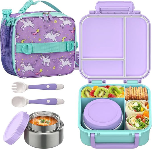 Bento Lunch Box Set for Kids with 9oz Soup Thermo, Insulated Lunch Bag,Leak-proof BPA-free Lunch Food Container with 3-4 Conpartments for School Travel-Pur-blue