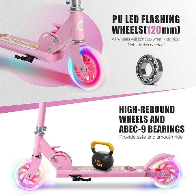 Kick Scooter for 3+Years Old Boys & Girls Lightweight, Foldable, Aluminum Frame, and Adjustable Handlebars, Rear Brake, and Flashing Light up Wheels