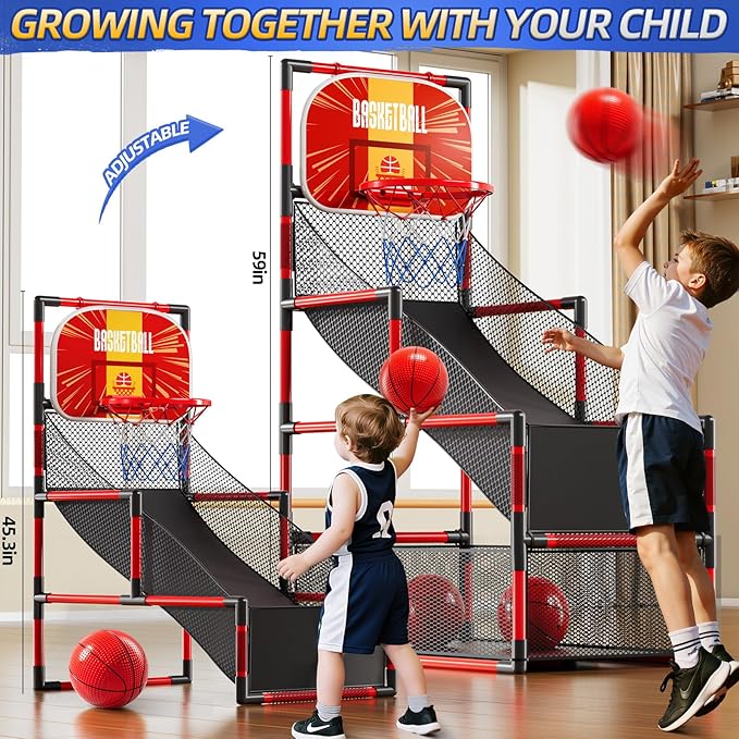 Arcade Basketball Game Indoor, Kids Ajustable Basketball Hoop, Outdoor Carnival Sports Play Toy with 4 Balls and Air Pump, Educational Birthday Gift for Boys Girls 3 4 5 6 7 8 Year Old (Red)