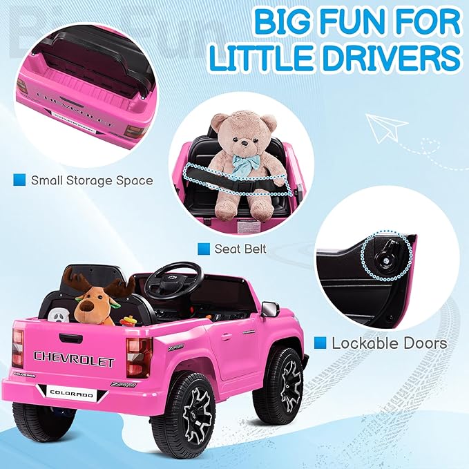Winado Licensed Chevrolet Colorado Electric Car for Kids, 12V Ride on Toys for Toddlers with Remote Control, Battery Powered Electric Car Ride On Vehicle w/Bluetooth, Soft Start, LED Lights - Pink