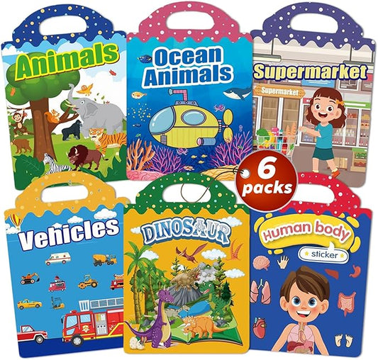 6 Sets Reusable Sticker Books for Toddlers 2-4 Years, Jelly Sticker Activity Books for Kids, Travel Toys for Toddlers Ages 2+ Girls & Boys