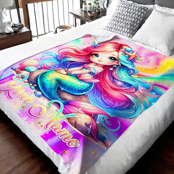 Mermaid Girls Blanket Gifts Personalized Blankets for Kids Teens, 60x50 Inches Custom Soft Lightweight Flannel Throws for Couch Sofa Bed Travel