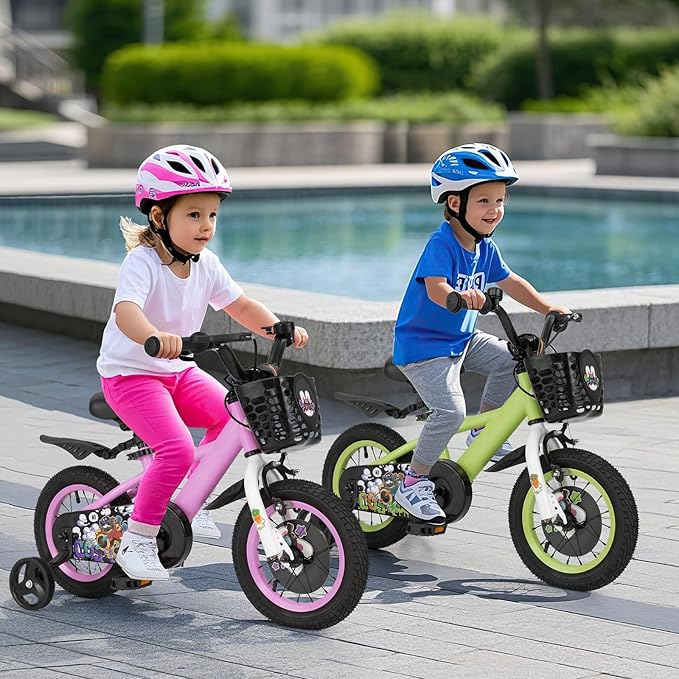 BABY JOY Rabbit Pilot Sporty Kids Bike, 12 14 16 18 Inch Child Bike for 3-8 Years Old with Adjustable Height, Training Wheels, Storage Basket, Handbrake & Coaster Brake, Kids Bicycle for Girls Boys