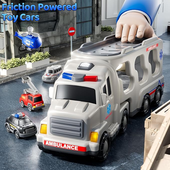 Ambulance Truck Toys Set for Kids Toddlers 1-3 3-5 Years Old, Carrier Truck Playset with Toy Cars, Light and Sound, City Learning Toys for Toddlers, Birthday Gifts for Boys Girls Aged 2-4 4-8