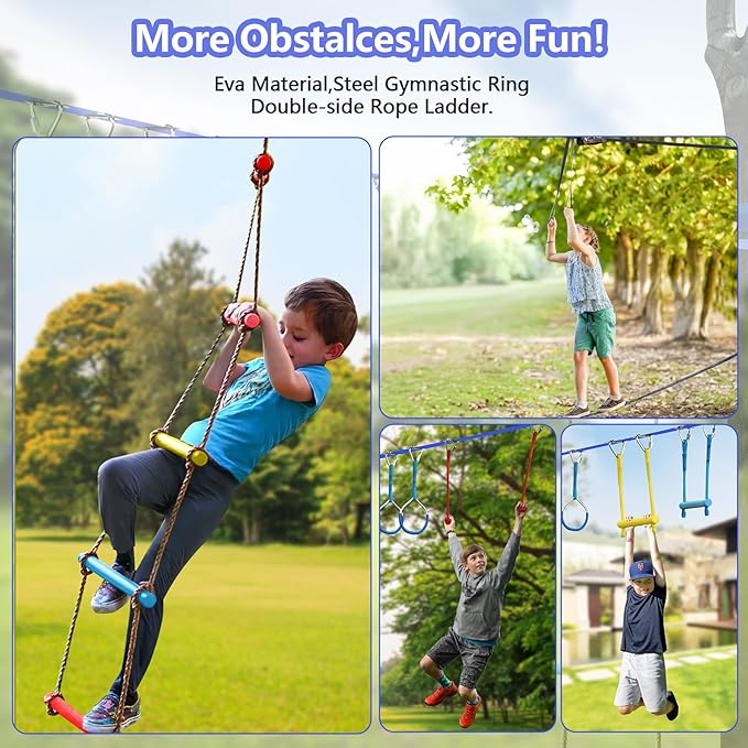 2x56FT Ninja Warrior Obstacle Course for Kids, Ninja Slackline with 11 Accessories, Slackline Kit with Pulley, Rope Ladder, Monkey Bar,Arm Trainer, Climbing Rope